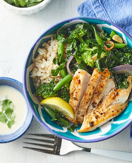 Green Veggie Bowl with Chicken & Lemon-Tahini Dressing