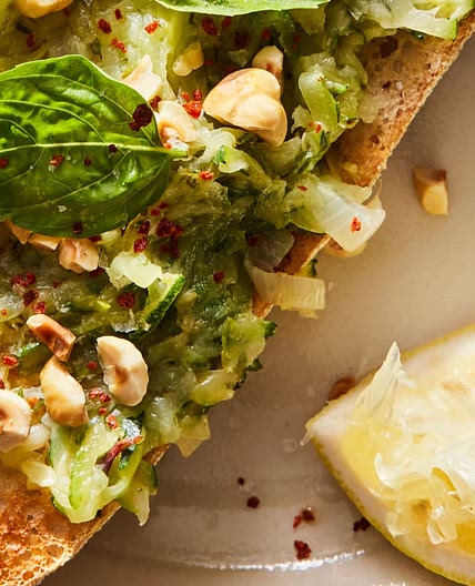 Zucchini Butter Toasts with Hazelnuts and Herbs