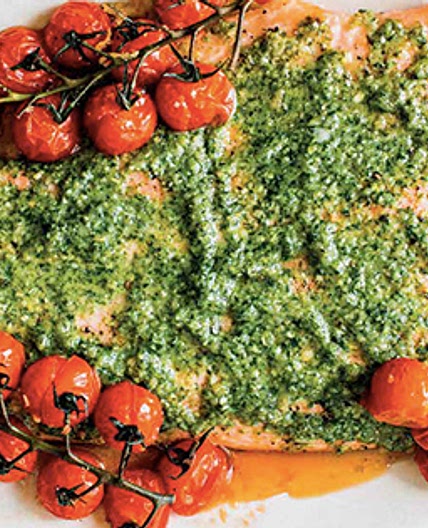 Salmon with Pesto and Blistered Tomatoes