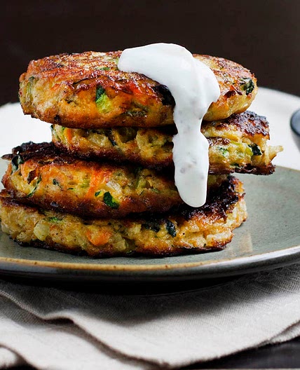 Herbed Vegetable Pancakes with Yogurt Goat Cheese Sauce