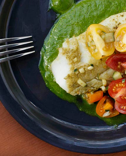 Matcha Baked Cod with Spinach Pesto and Tomato Salad