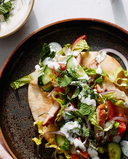 Shawarma-Spiced Chicken Pita with Tahini-Yogurt Sauce Recipe
