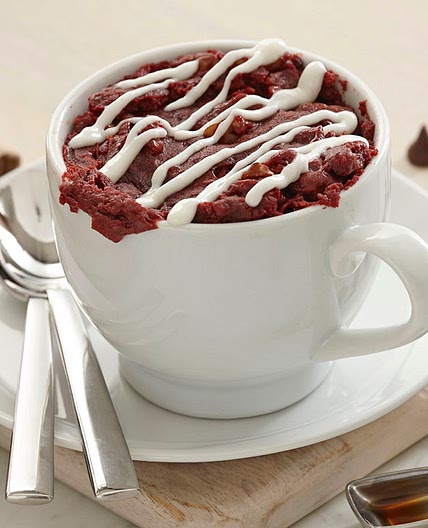 Red Velvet Mug Cake with Pecans and Cream Cheese Frosting