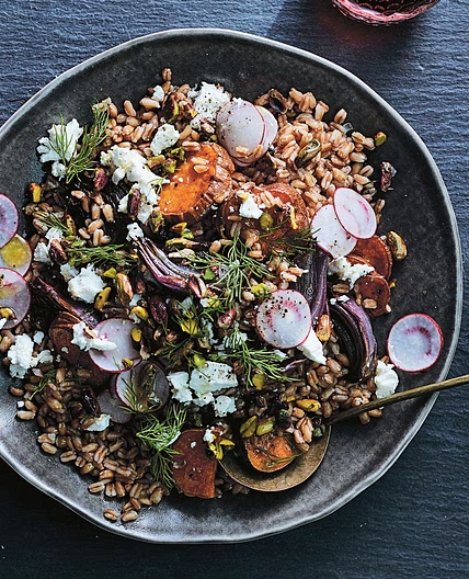 Farro Salad with Roasted Sweet Potatoes, Red Onion, and Goat Cheese Recipe