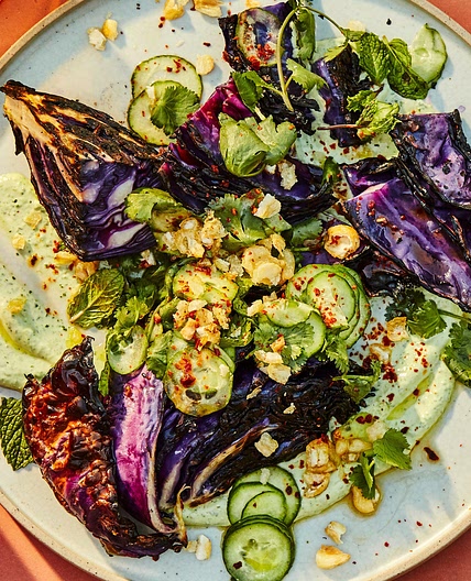 Charred Cabbage with Goat Cheese Raita and Cucumbers