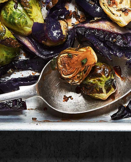Roasted Brussels with sticky maple glaze