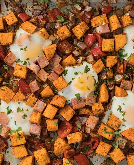 Baked Eggs and Sweet Potato Hash