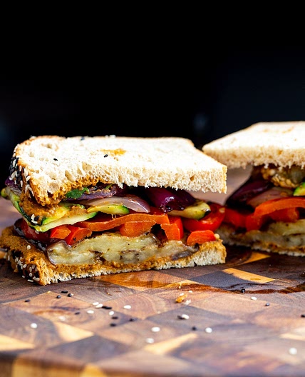 Roasted Veggie Sandwich with Sun-Dried Tomato Basil Dressing