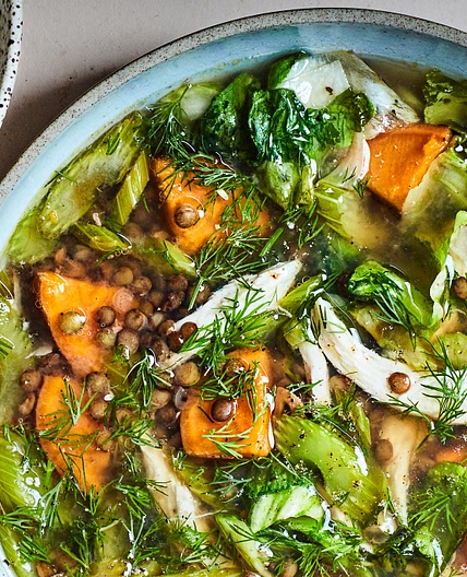 Lentil and Chicken Soup with Sweet Potatoes and Escarole