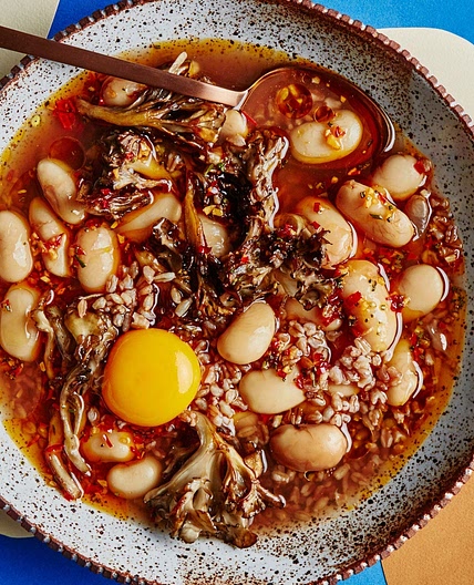 Brothy Beans and Farro with Eggs and Mushrooms
