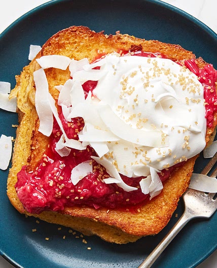 Stuffed French Toast With Coconut-Cardamom Filling and Raspberry-Rhubarb Compote