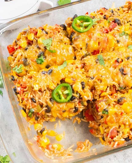 Healthy Vegetarian Mexican Casserole with Rice & Beans