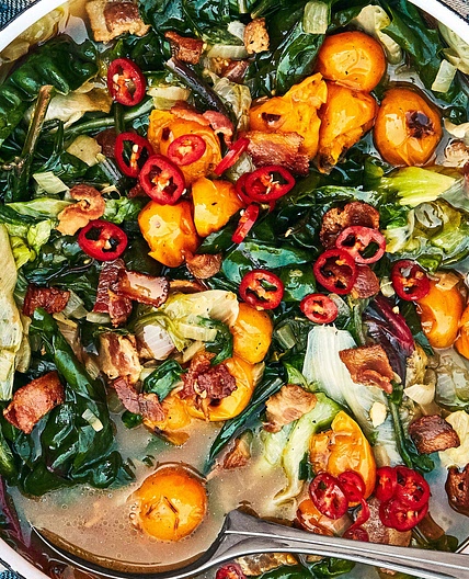 Wilted Greens in Tomato-Bacon Broth Recipe