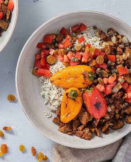Palestinian Spiced Peppers with Crispy Seitan & Tomato-Caper Relish