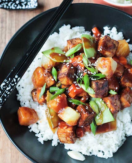 Broccoli and Snow Pea Stir Fry with Pineapple and Baked Tofu