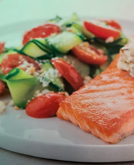 Salmon with Lemon Piccata Butter and ratatouille zucchini ribbons