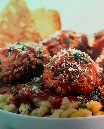Gemelli and Ricotta Meatballs with Pecorino Garlic Bread