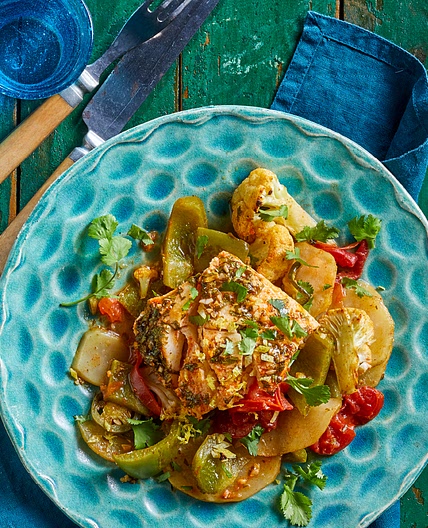 Moroccan Baked Cod & Vegetables with Chermoula Sauce