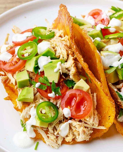 Pulled Chicken Tacos w/ Avocado Lime Sauce