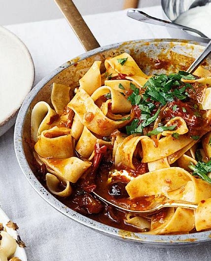 Yotam Ottolenghi’s Pappardelle with Rose Harissa, Black Olives and Capers