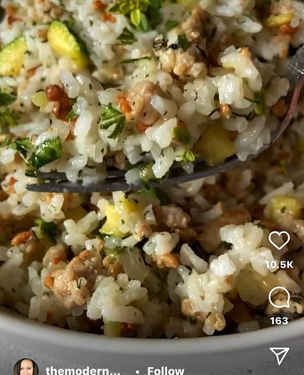 Zucchini Rice with "Meat" and Carmelized Onions