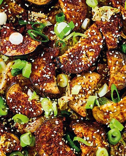 One-tin Korean-style Aubergines with Spring Onions and Sesame Rice