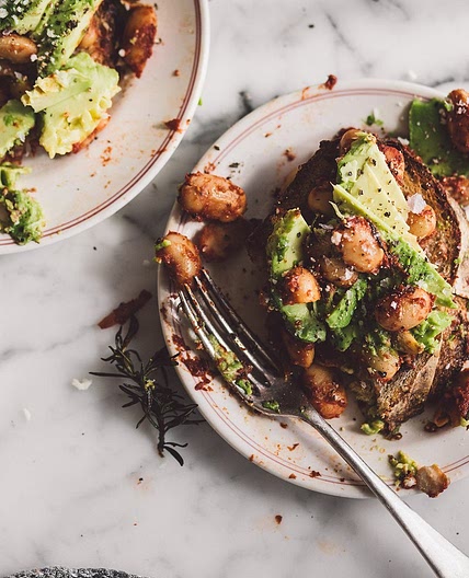 Homemade smoked baked beans on toast with avocado