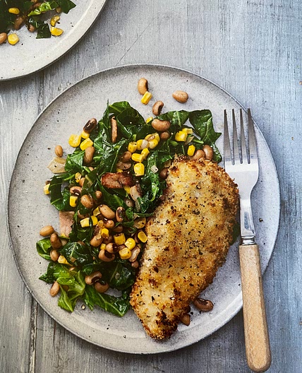 Chicken Escalopes with Black-Eyed Beans and Greens