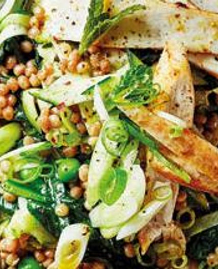 Cumin chicken with giant couscous, courgette, peas and mint