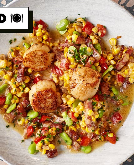 scallops with pancetta & sweetcorn succotash