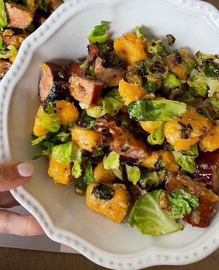 Sweet Potato Gnocchi with Brussels and Chicken Sausage