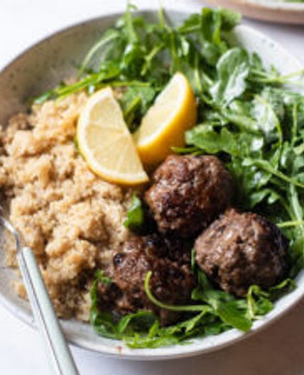 Greek Beef Meatballs with Quinoa and Arugula Salad