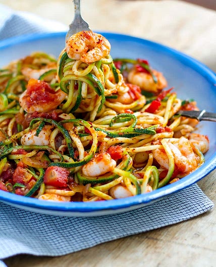 Burst Tomatoes and Shrimp Zoodles