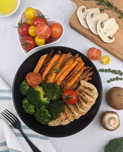 Poulet rôti à la poele, Patate douce et Brocoli
