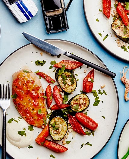 Mango-Chutney Chicken With Roasted Carrots And Zucchini