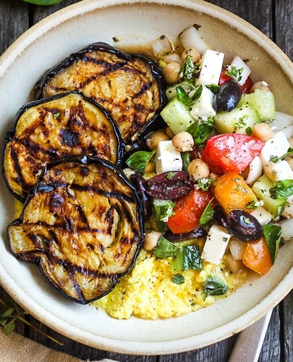 Grilled Eggplant with Creamy Polenta and Greek Relish