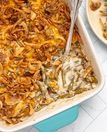 Green Bean Casserole With a Flavor Twist: Bacon and Cheddar Cheese!