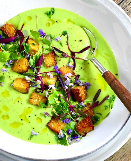 Broccoli and White Bean Soup with Tempeh Croutons, Microgreens - Taste With The Eyes