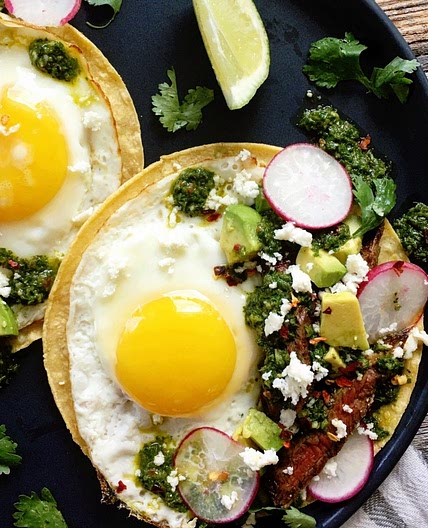 Steak and Fried Egg Breakfast Tacos with Chimichurri  