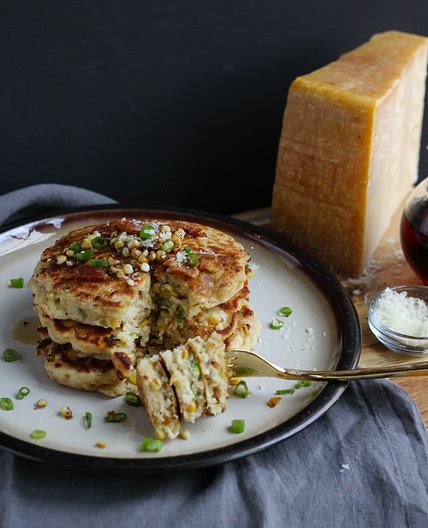 Parmesan Pancakes with Caramelized Corn and Bacon