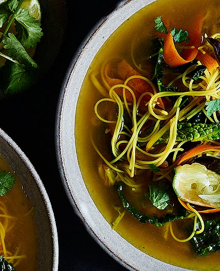 Golden vegetable noodle soup