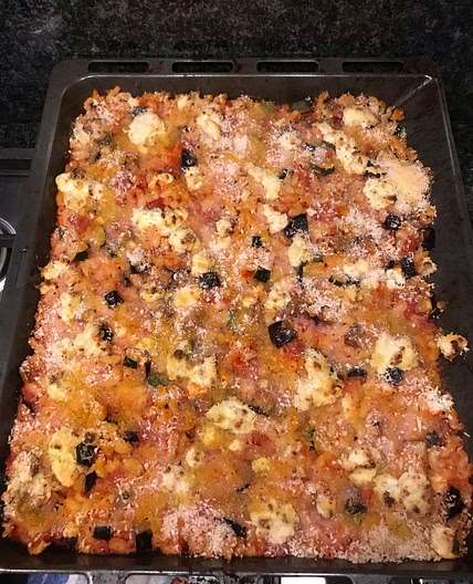 Roasted aubergine, courgette and macaroni bake