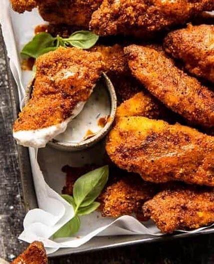 Black Pepper Rub Chicken Fingers with Greek Yogurt Ranch Dressing