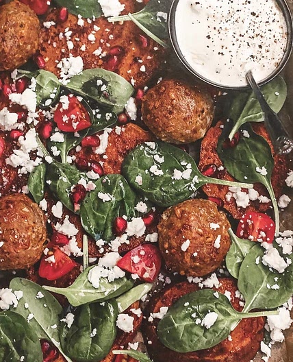 Walnut balls with roasted sweet potato and feta cheese cream