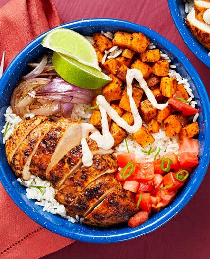 Chicken and sweet potato rice bowls
