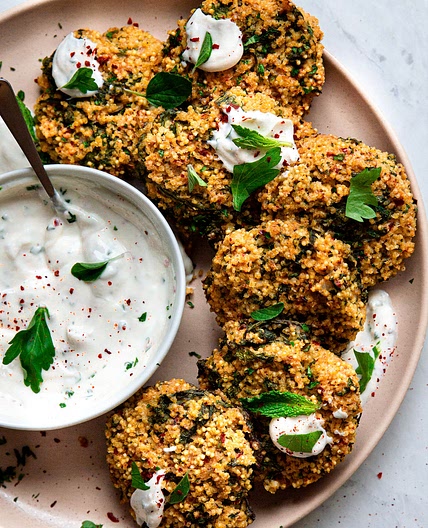 Vegan Millet Fritters with Lemony Yogurt Sauce