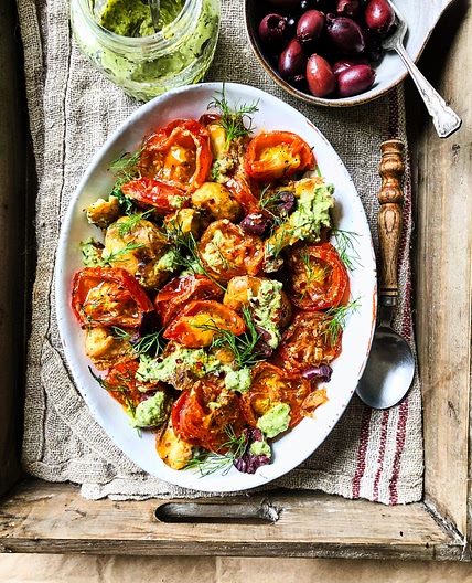 Roast tomato, crushed potato and pesto salad