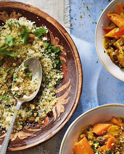 Ainsley Harriott’s Squash and Sweet Potato Tagine with Lemon and Pistachio Couscous
