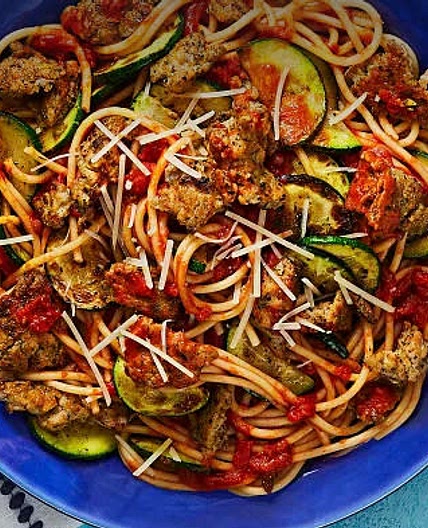 Chicken Sausage Spaghetti Bolognese with Zucchini & Parmesan