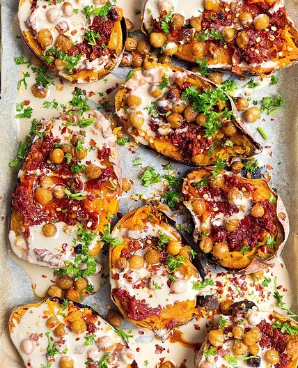Harissa roasted sweet potatoes with tahini, our fave crispy chic